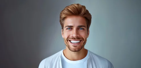 Fotobehang close up portrait of handsome successful happy and attractive man with grey hair and a beard looking at the camera. displaying vibrant health with great tan skin and white teeth. Generative ai © Mickael