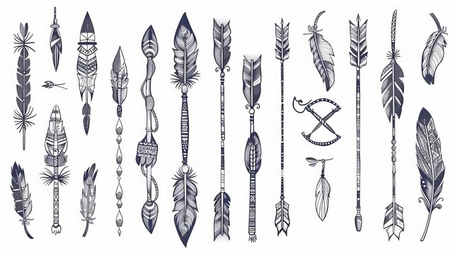 A set of arrows in Native American Indian style. A modern hand drawn image isolated on white background. Boho design, tattoo art, coloring book for adults.