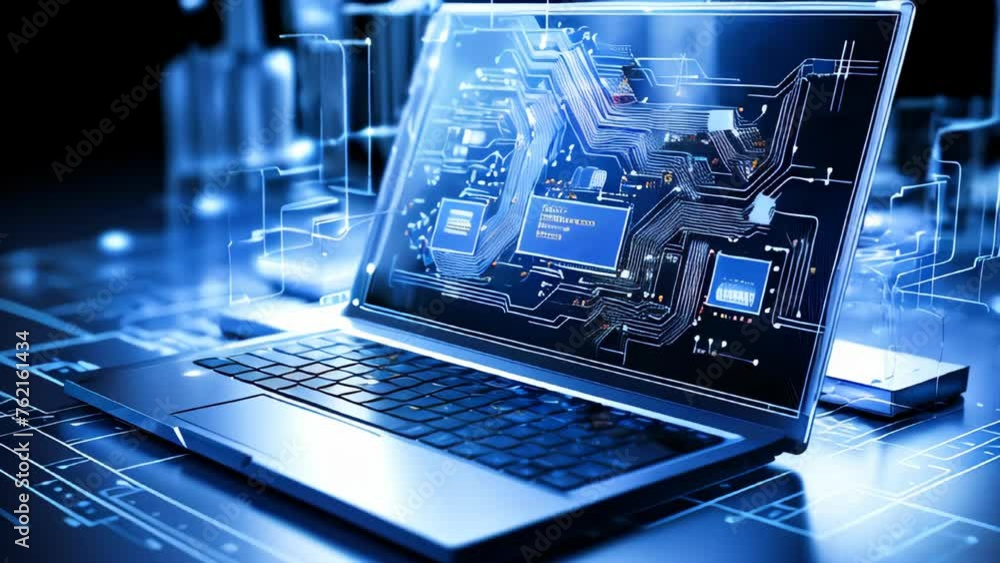 Poster laptop computer with hologram virtual screen interface. generic advanced information technology conc