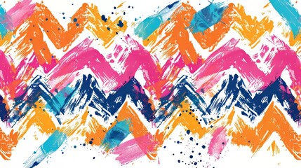 Modern seamless pattern with ethnic and tribal motifs, zigzag lines, brushstrokes, and splatters of paint in bright summer and fall colors