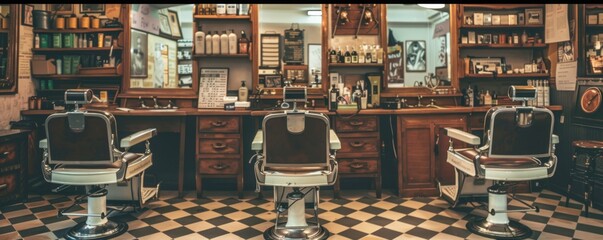 Vintage barbershop interior with classic chairs and checkered floor. - obrazy, fototapety, plakaty