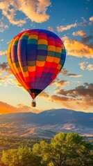 Hot air balloon with vibrant colors flying over rolling hills at sunset.