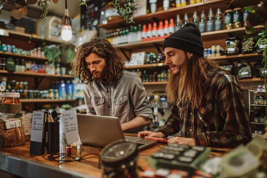 Smiling florist holding card reader machine at counter with customer paying with credit card. Young african american florist shop assistant holding payment machine while buyer purchase a bunch flower.