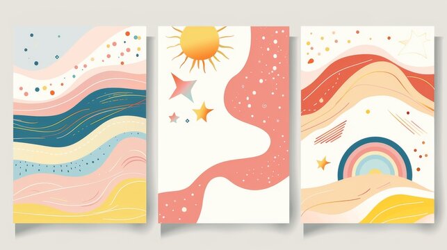 A geometric set of three abstract pop art aesthetic backgrounds with sun lights, stars, Boho rainbows, waves, dots, thin lines.