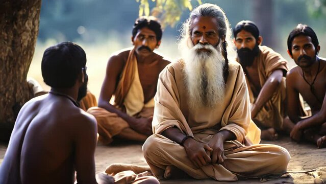 Indian guru surrounded by his disciples