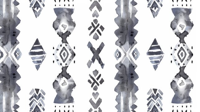 Decorative watercolor pattern with gray geometric elements on a white background. Handmade. Tribal style, Aztec wallpaper, Bohemian Native Print. Uneven edges. Modern illustration.