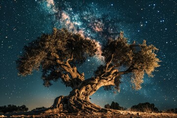Obraz na płótnie Canvas Starry night sky over an ancient, gnarled olive tree, with the Milky Way galaxy visible.