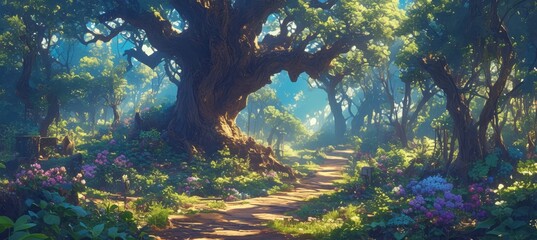A fantasy forest with giant trees, lush greenery and colorful flowers, winding paths leading to hidden glades of light filtering through the canopy, creating an enchanting atmosphere. 