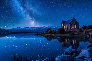 A serene night scene with a stone church lit warmly against a backdrop of snow-capped mountains and a starry sky reflected in a calm lake.