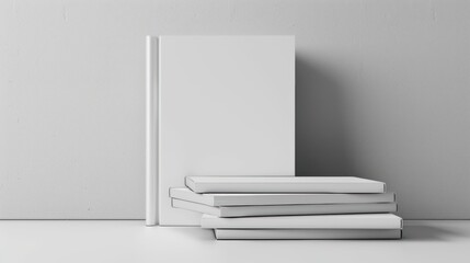 Stack books with blank covers on the desk with white wall background. AI generated image