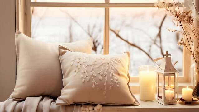 Cozy boho beige interior, with pillows, candles and a window overlooking an autumn landscape