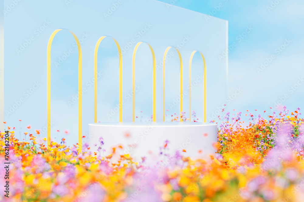 Poster natural beauty podium backdrop with spring flower field scene. 3d rendering.
