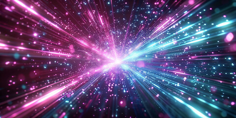 Fototapeta premium pink, blue, purple light rays from the center of an explosion moving high speed, abstract futuristic background portal tunnel with blue and teal cyberpunk colors on a black background
