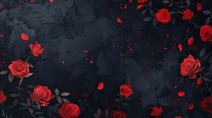 a dark background with scattered red roses and rose petals