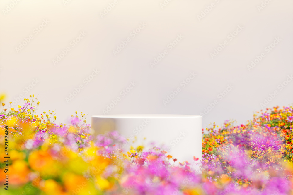 Poster natural beauty podium backdrop with spring flower field scene. 3d rendering.