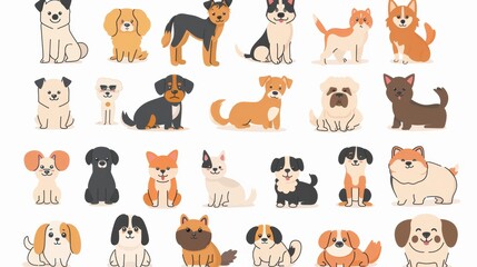 Flat style modern illustration with dog characters. Dogs are standing in front of you in various brands.