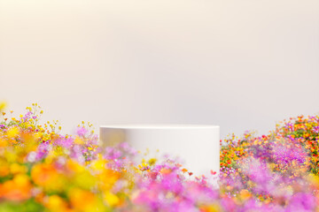 Natural beauty podium backdrop with spring flower field scene. 3d rendering.