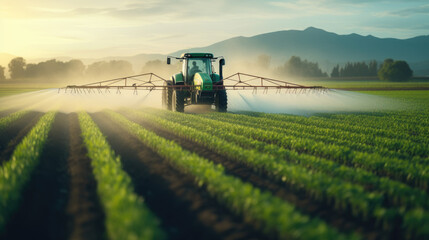 Agriculture tractor spraying fertilizer on agricultural field. Smart agriculture farming, agricultural food crops technology concept