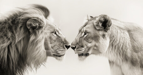 Lion Pair Intimacy- Showcase the bond between a lion and lioness in a tender moment against a clean...