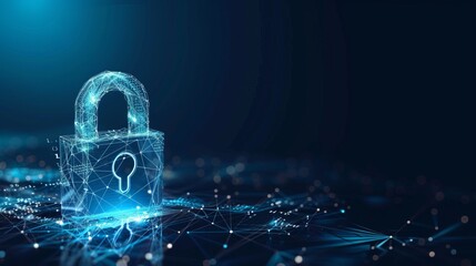 Digital red glowing padlock made of glowing atoms, for computing system on dark blue background, cyber security technology for fraud prevention and privacy data network protection concept
