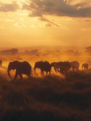 A herd of elephants walking through the dusty plains of Africa at sunset, creating a striking silhouette against the glowing horizon,hyper realistic, low noise, low texture, surreal