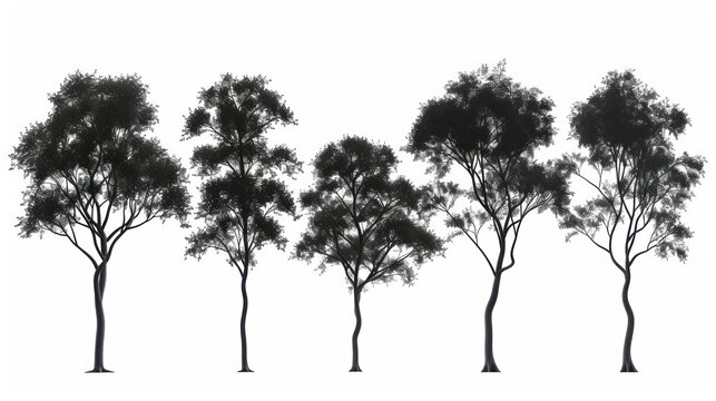 Set black silhouette cedar elm trees isolated on white background. AI generated image