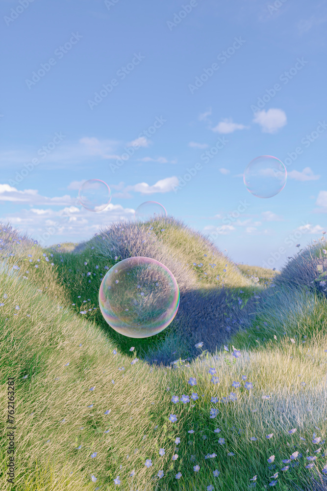 Aufkleber abstract spring flower landscape scene with water bubble. 3d rendering.