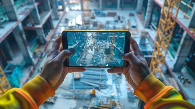 Augmented reality app overlaying BIM data on a construction site for precise building.