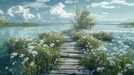 Marsh setting with boardwalks, surrounded by blossoming berry bushes with white flowers. Generative AI.
