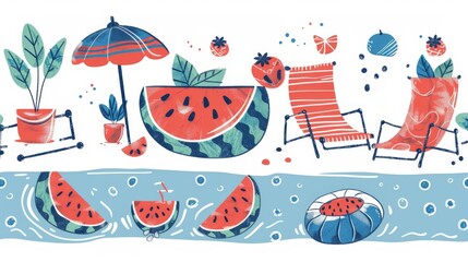 Swimming pool party concept modern illustration flat design with an oversize watermelon and downsizing characters