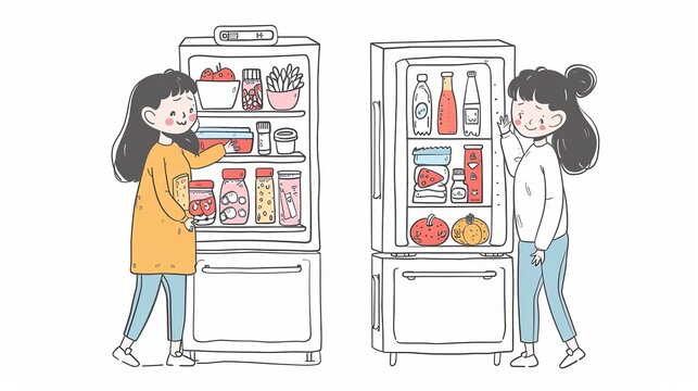 Hand drawn style modern design illustration of a girl opening a fridge full of food and another that is empty.