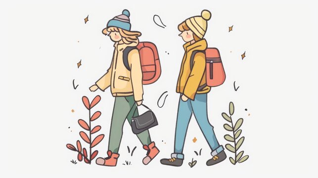 Two friends walking. Hand drawn modern illustrations.