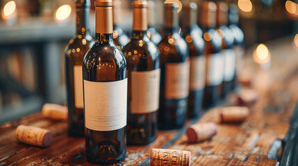 Elegant wine bottles on medium-toned wood texture. Generative AI. - obrazy, fototapety, plakaty