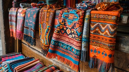 A display of colorful alpaca wool scarves with intricate patterns