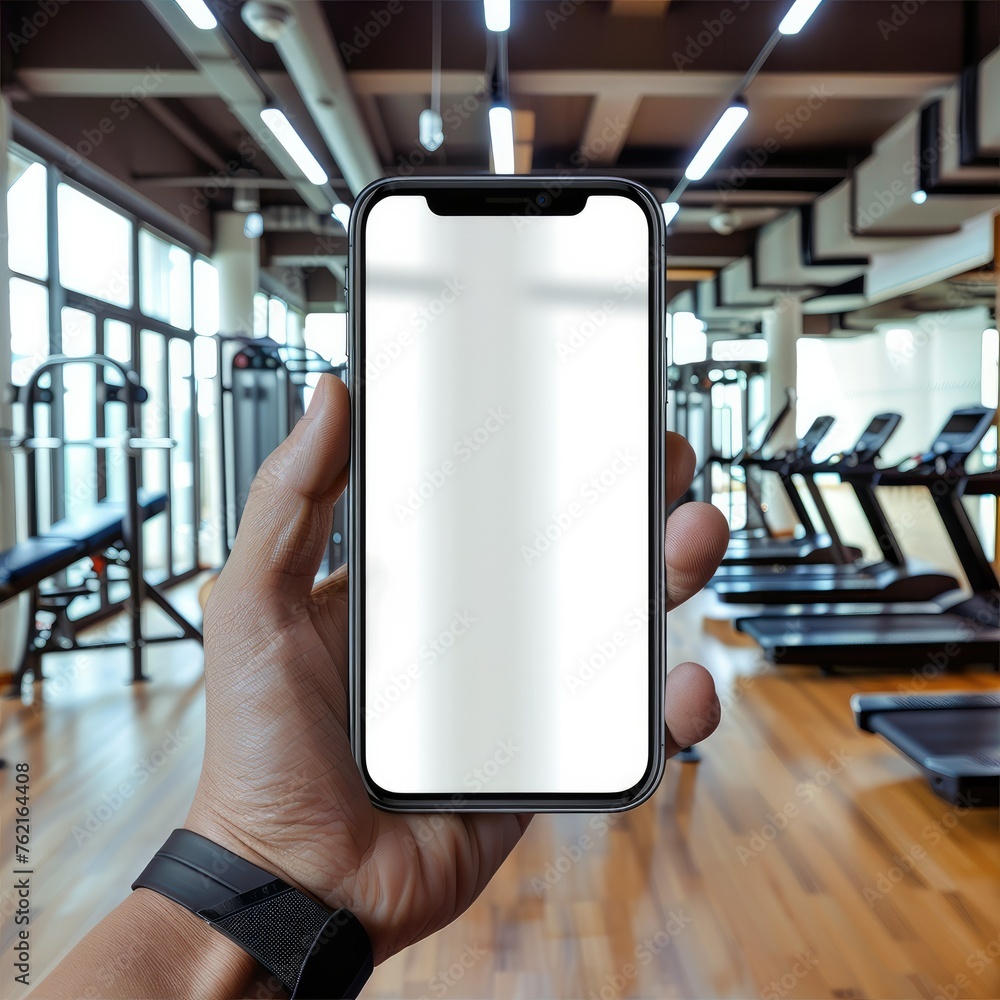 Poster smartphone with blank transparent screen in hand at the gym. generative ai.