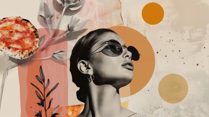 Stylish collage with circles and a halftone effect of a girl and pizza. Journal minimalist illustration. Modern banner with circles and a halftone effect.