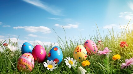 Colorful Easter eggs decorated with flowers in the grass on blue sky background - generative ai
