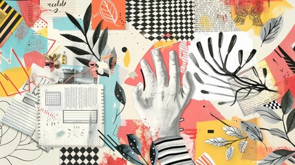 An open book with labels, stickers, doodles and cut-out hands. Checkered banner, punk trend illustrations. Back to school. - obrazy, fototapety, plakaty