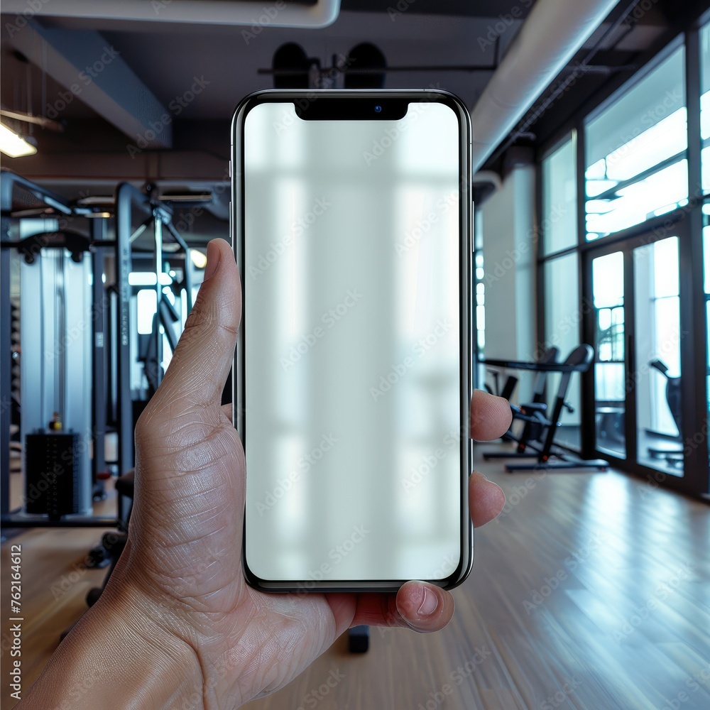 Poster smartphone with blank transparent screen in hand at the gym. generative ai.