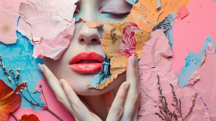 This art collage design is for 14 February. With half a hand and lips. Modern banner template. Cut out on pink glued texture. New wave style for the millennial generation.