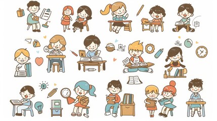 Modern illustration showing cute students taking various classes.