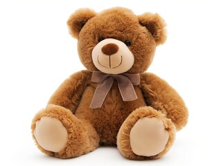 A plush brown teddy bear with a bow sitting against a white background.