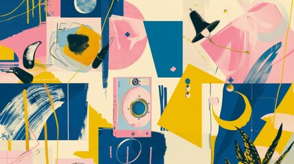 The grunge collage banner features a loudspeaker announcing crazy promotions with doodle elements on a retro poster. The poster design features blue, yellow, and pink elements for a stylish modern