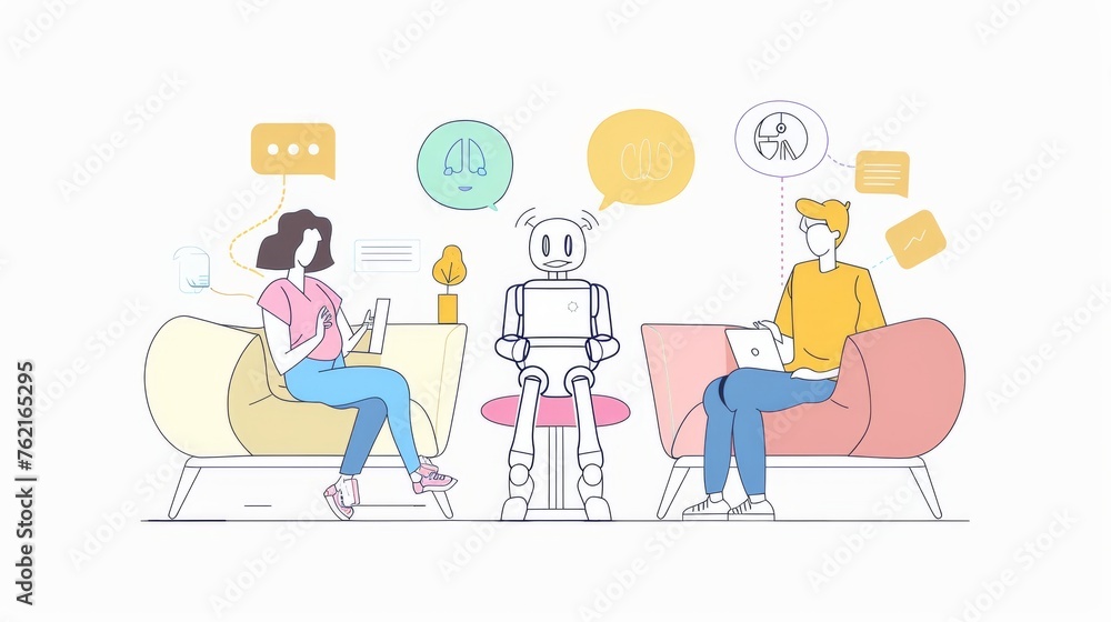 Poster an illustration depicting a lifestyle in the era of artificial intelligence. users and scientists ex