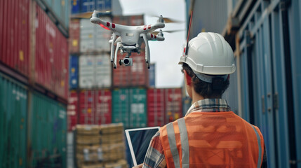 Against the backdrop of the cargo airport, a proficient logistician in a vest and white construction helmet prepares to launch a drone, its surveillance capabilities instrumental f