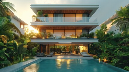Luxurious house large glass window architecture , modern, tropical plants. Generative AI.