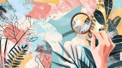 Banner about hiring. Hands in collage style. HR looking for employees on laptop. Abstract background with magnifying glass. Modern illustration.