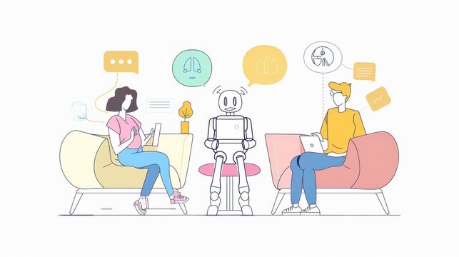 An illustration depicting a lifestyle in the era of artificial intelligence. Users and scientists exchange information around AI characters in a flat design style.