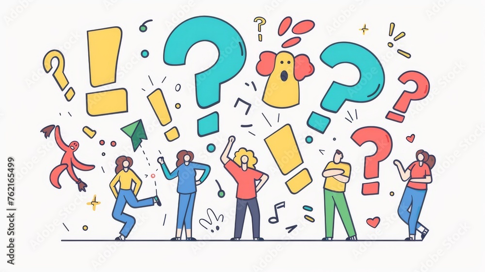Poster an illustration with giant question marks and exclamation points. flat design style minimal modern i