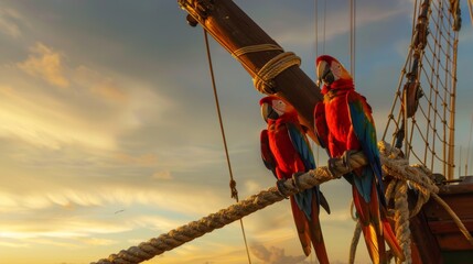 Vibrant Parrots on Ancient Pirate Ship Mast during Sunset